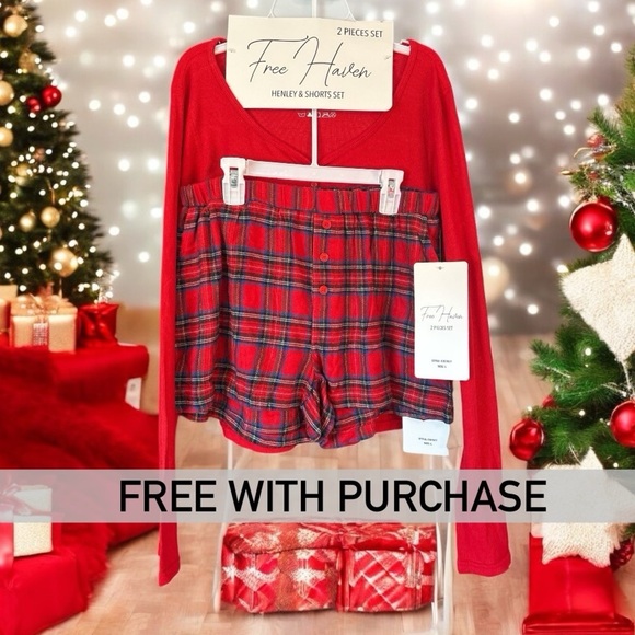 Free w/ Purchase 2 Piece by Free Haven Pajamas Henley & Shorts Plaid Flannel Red - Picture 3 of 15